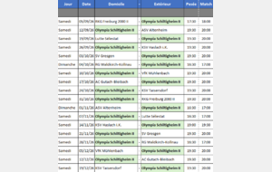 Calendrier de l'équipe 2
